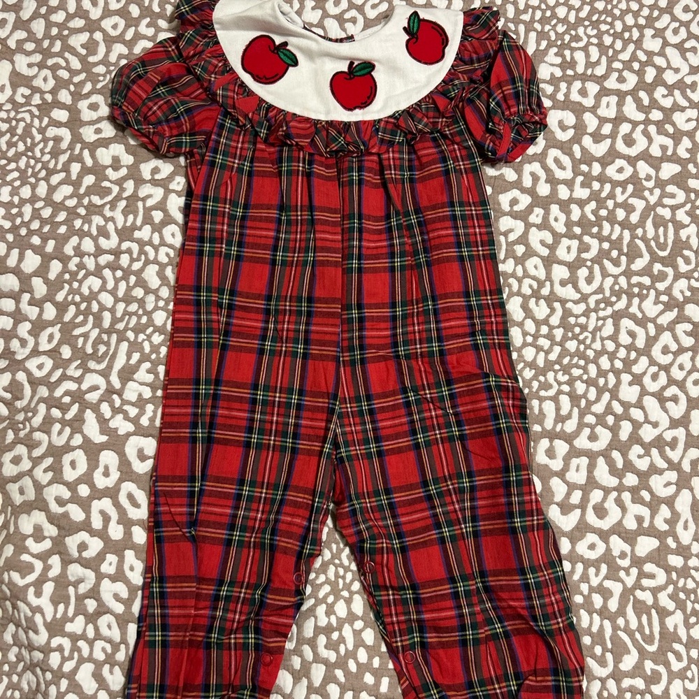 Rare‎ Editions White and Red Plaid Baby Romper with Apple Accent